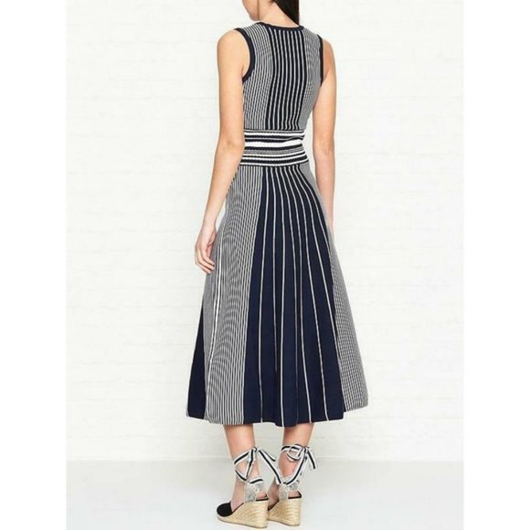 Hugo Boss Silbiana Stretch Maxi Dress Grey Fantasy Navy Blue White Size Medium - Picture 2 of 6